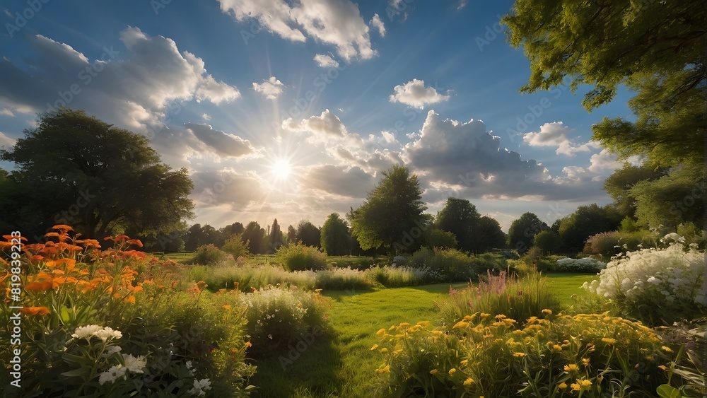 Obraz premium A green garden in summer with warm colors and the sun shining in the blue sky and white clouds