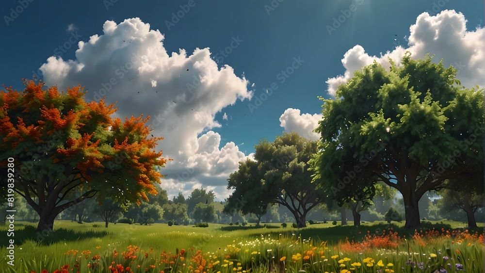 A green garden in summer with warm colors and the sun shining in the blue sky and white clouds A green garden in summer with warm colors and the sun shining in the blue sky and white clouds