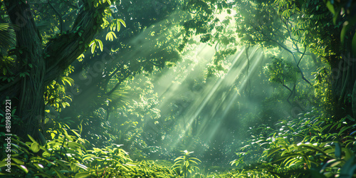 sunlight in the forest, A serene forest scene, where sunlight filters through the canopy, illuminating the lush greenery below. Show the tranquility of nature in its purest form.