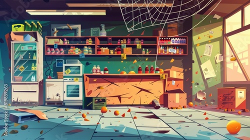 A neglected grocery store interior with frayed cashier desk, scattered garbage, spider webs, broken shelves, and a broken refrigerator. Neglected product market, retail market, cartoon modern photo
