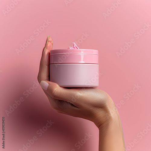 Woman hand showing cream product. Cosmetic product branding mockup. Daily skincare and body care routine. Female hand holding cosmetic product mockup, close up