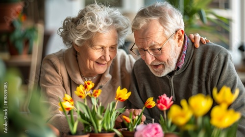 Senior Couple Enjoying Gardening Together in a Vibrant Flower Nursery. Generative ai. © Iuliia Metkalova