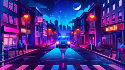 Police car with signaling riding empty city streets with buildings, neon signboards and crosswalks. Officer policeman job cartoon modern illustration. photo