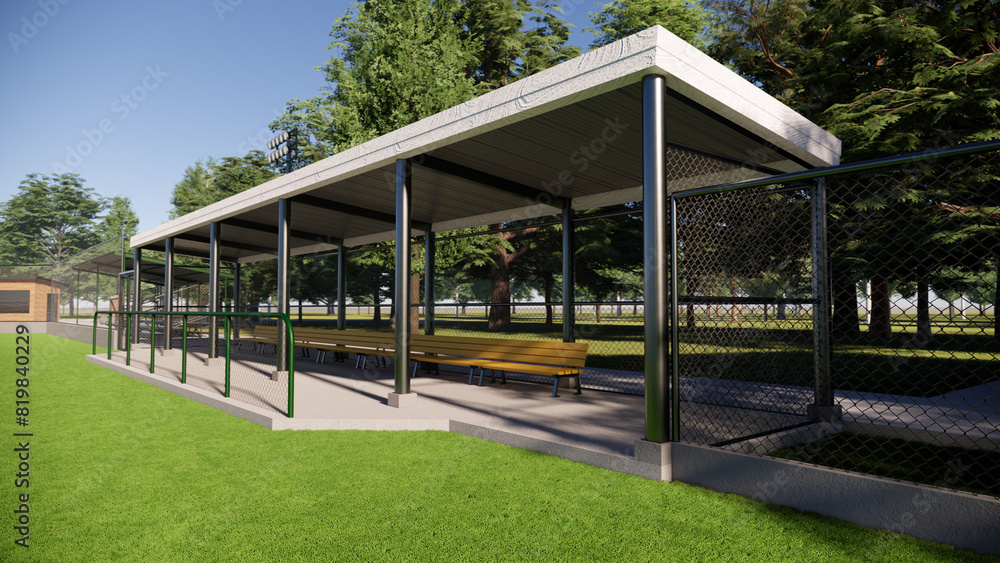 baseball field dugout bench in the middle of the forest 3d rendering baseball field dugout bench in the middle of the forest 3d rendering