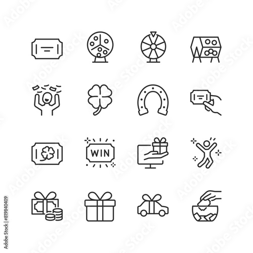 Raffle and Giveaway, linear style icon set. Drawings and games of chance. Equipment, tickets, lucky charms and winning prize. Editable stroke width