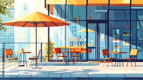 A summer city cafe with an outdoor terrace and wooden tables, chairs, and umbrella on the ground floor of a building. Street snacks and drinks cafeteria, cartoon modern illustration.