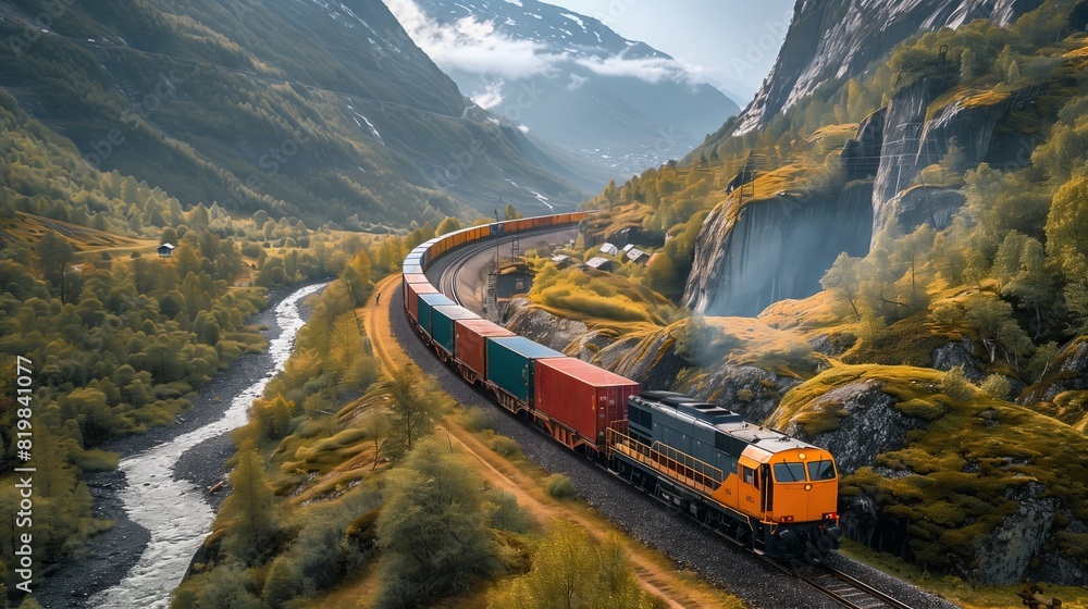Container train moving through a mountain pass Container train moving through a mountain pass