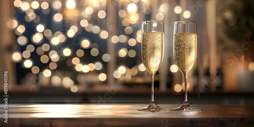  Two glasses of champagne on a wooden table and New Year's background , champagne glasses on table with bokeh lights background 