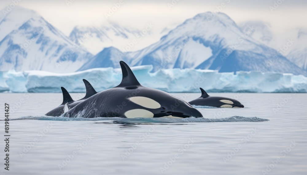 Fototapeta premium Groups of Orcas or killer whales swim and hunt for prey, the top of the food chain in a sea of ​​ice floes