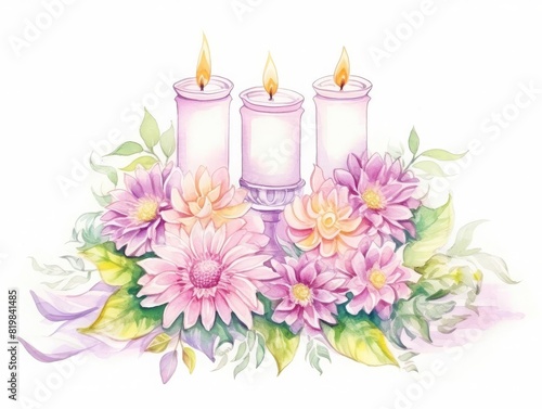 Beautiful arrangement of three lit candles surrounded by pink and purple flowers with greenery, perfect for romantic or serene settings.