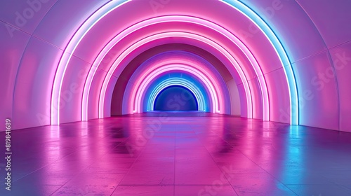 The 3D render showcases a neon arch tunnel glowing in pink and blue hues, embodying a retro-futuristic interior design with a touch of sci-fi elements
