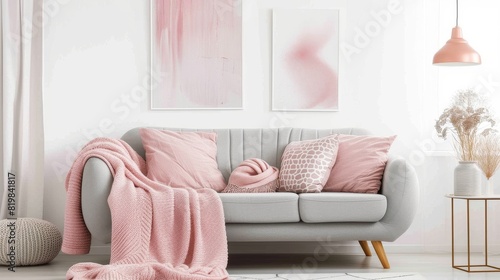 Modern gray sofa with soft pink cushions and a throw blanket