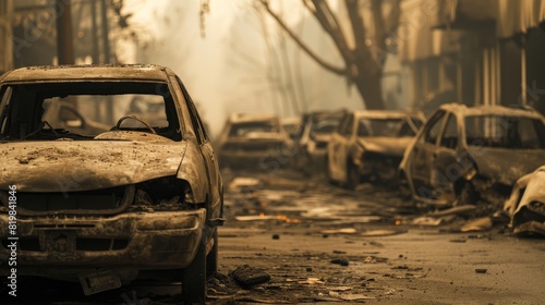Street in the city showing burnt out cars, destroyed buildings and debris scattered everywhere after a catastrophic firestorm