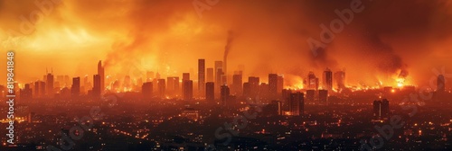City skyline engulfed in flames during a firestorm, with thick smoke and embers filling the air