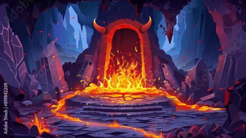 A cartoon modern of an underground cave, entrance to hell or infernal world with lava, stalactite rocks, magma, and a devil altar with stone horns and burning fire. photo