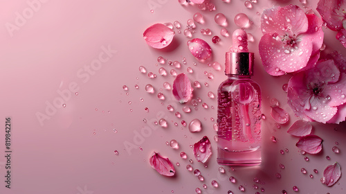 Clean white woman one hand holding a clear serum pink background