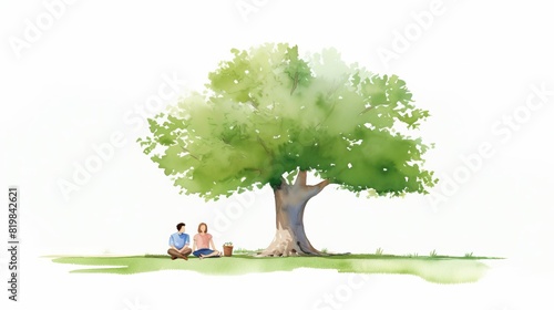 Serene watercolor illustration of a couple relaxing under a large tree in a peaceful setting, embodying tranquility and natural beauty.