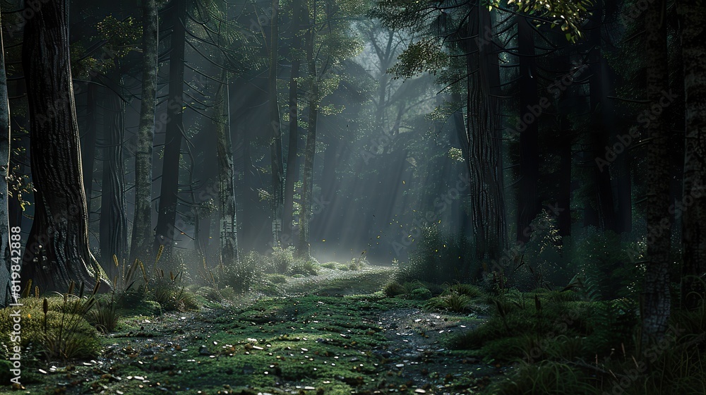 Obraz premium Forest pathway surrounded by tall mysterious trees