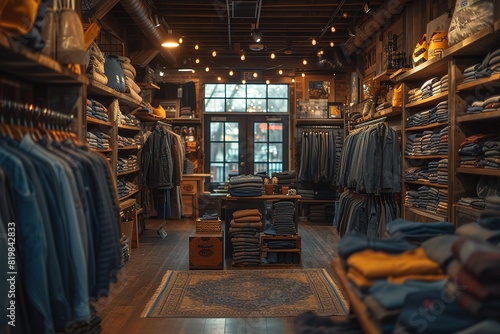 Interior of modern fashionable male clothing store with clothes on hangers and shelves