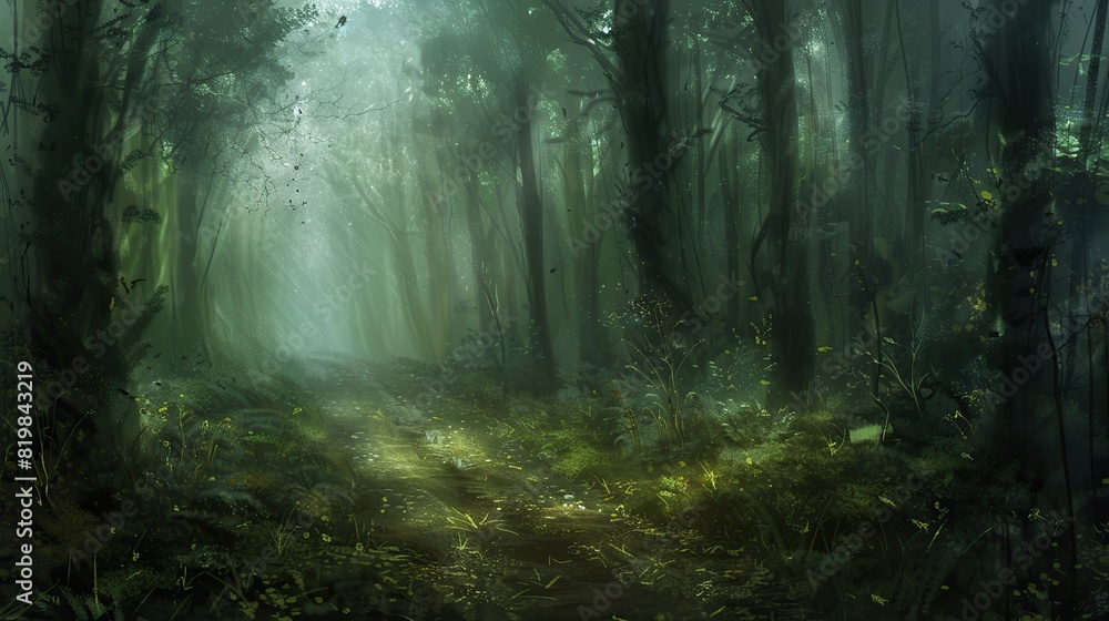 Illustration of a forest with tall trees and a mysterious path