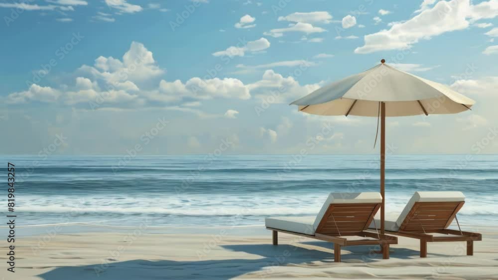 A beach scene with two lounge chairs and an umbrella. Scene is relaxing and peaceful A beach scene with two lounge chairs and an umbrella. Scene is relaxing and peaceful