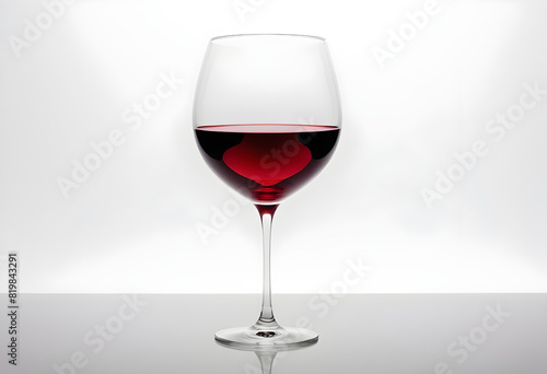 A single, crystal wine glass with a luxurious, deep-red wine inside, set against a pure, white backdrop