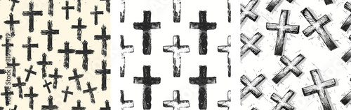 Black and white crosses pattern on white background. Hand-drawn illustration style. Design for textile and wallpaper. Seamless pattern