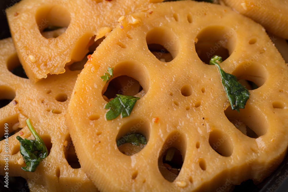 Closeup view of Chinese take out food lotus root Closeup view of Chinese take out food lotus root