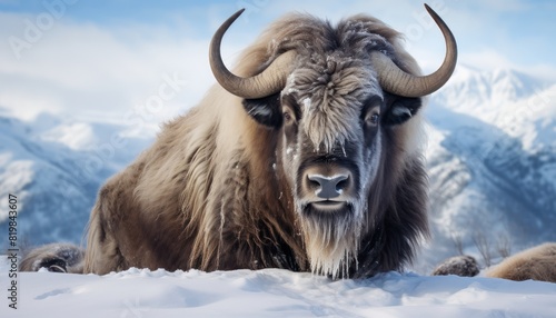 A mighty American Bison thick fur covered with frost and snow, Bison walks in extreme winter weather, standing above snow with a view of the frost mountains © Virgo Studio Maple