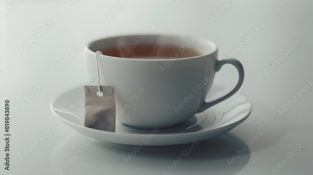 A Serene Moment of Respite with a Steaming Cup of Tea and Its Companion Bag A Serene Moment of Respite with a Steaming Cup of Tea and Its Companion Bag