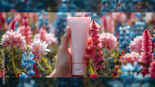Female hand with cosmetic product mockup against a background of flowers. Concept of natural and organic cosmetics. Mockup of a white cream tube. Skincare concept. 