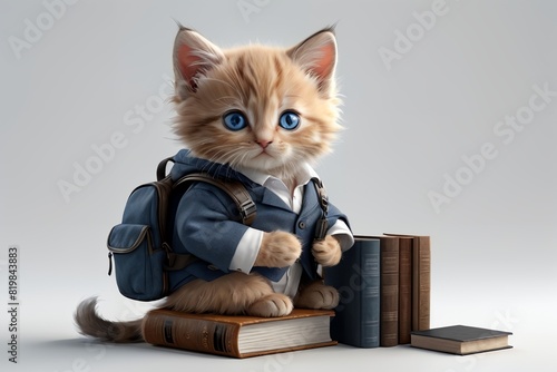 kitten schoolboy with backpack and textbooks