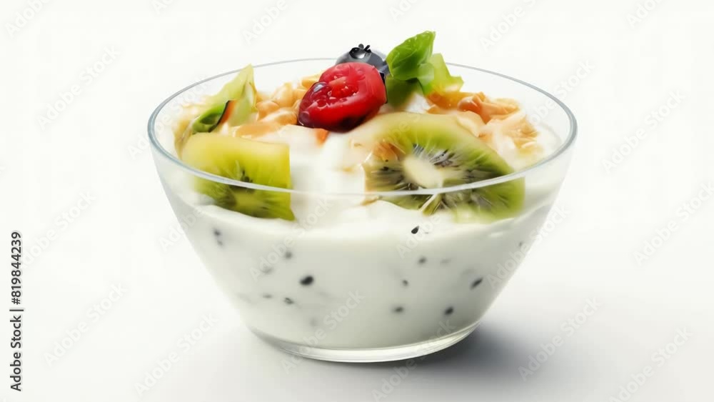 A bowl of yogurt with blueberries and raspberries on top. The bowl is clear and the fruit is fresh and colorful A bowl of yogurt with blueberries and raspberries on top. The bowl is clear and the fruit is fresh and colorful