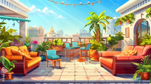 The background of a parallax summer cafe on roof with an outdoor restaurant, grill machine, comfy sofa on a rooftop terrace. 3d game animation with separated layers, Modern illustration of an empty photo