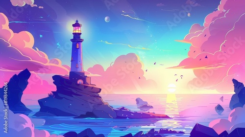 In this parallax background lighthouse is seen in a beautiful sunset seascape. In this cartoon modern illustration we see a beacon building at the evening ocean shore under a cloudy sky under an