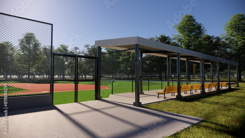 baseball field dugout in the middle of the forest 3d rendering