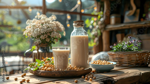 Fresh Soy Milk in unlabeled bottle, a cup of milk, bowl of soybean and a flower vase decorated. Concept stage for product made from natural milk  photo