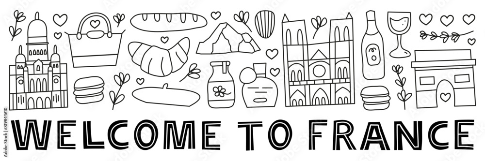 Fototapeta premium Horizontal banner with lettering and doodle outline France landmarks and attractions isolated on white background. Travel concept background.