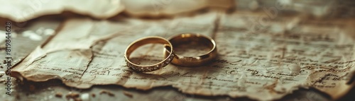 Divorce papers with wedding rings, background of torn photographs, Vintage, Sepia, Collage, Nostalgic and melancholic 8K , high-resolution, ultra HD,up32K HD photo