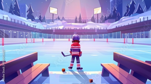 An illustration depicting a hockey ice rink with a boy wearing a helmet and skating. A modern illustration depicts a public sport stadium with an ice rink and benches with children carrying pucks and photo