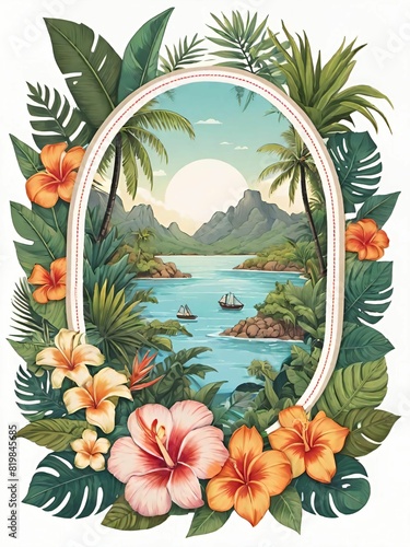 Tropical holiday themed postcard template with border decoration