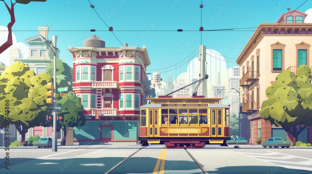 Retro tramway on vintage cityscape with parallax effect and antique buildings. Cartoon modern urban tramway railway commuter. Retro tramway on vintage cityscape with layers ready for animation.