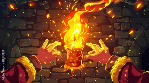 An illustration of hands holding a candle in a metal candlestick with a handle, a cartoon modern illustration for a book or computer game with human palms covering a burning fire with the wind photo