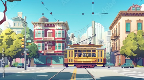 Retro tramway on vintage cityscape with parallax effect and antique buildings. Cartoon modern urban tramway railway commuter. Retro tramway on vintage cityscape with layers ready for animation.