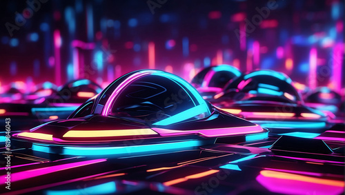 Abstract digital art featuring intersecting neon light beams in shades of purple, pink, and cyan against a dark background. The dynamic composition creates a futuristic, geometric landscape