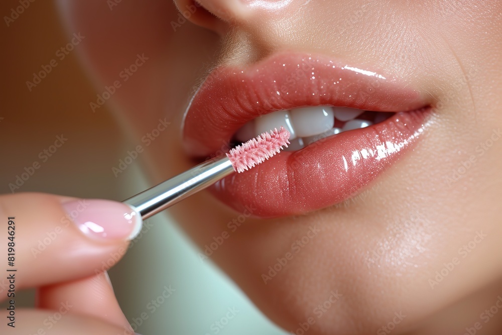 Obraz premium Lip Plumping Gloss Application Applying lip plumping gloss for fuller-looking lips, showcasing lip-enhancing products