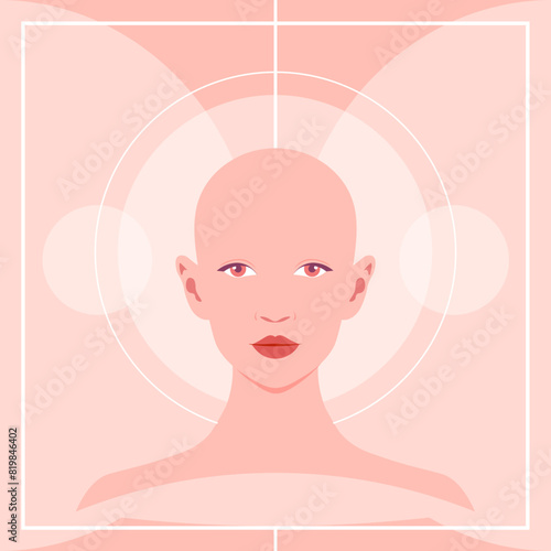 A bald young woman. Alopecia and hair loss. Oncology, dermatology and trichology. Vector flat Illustration