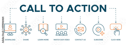 Call to Action banner website icon illustration concept with icon of download, share, learn more, watch our video, contact us, subscribe, and click here photo
