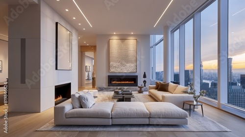 A chic living room with a minimalist design  including a sleek fireplace  modern art pieces  neutral color palette  and a panoramic city view