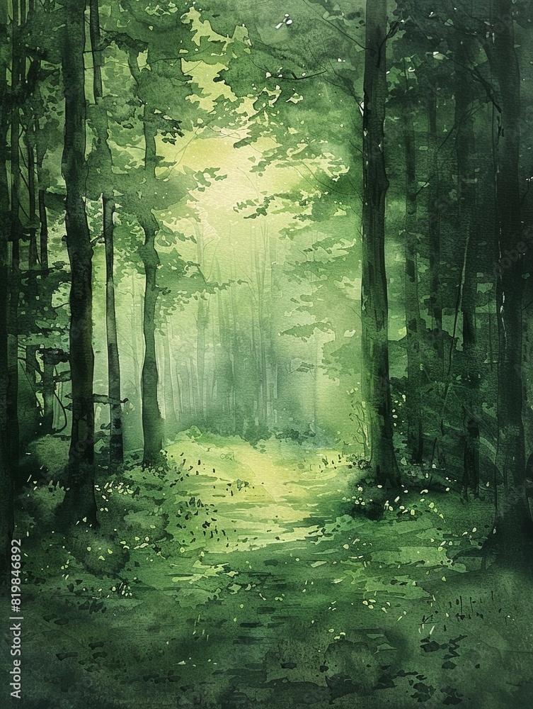 Fototapeta premium An ethereal watercolor painting of a lush green forest